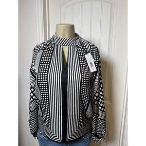 ELIE TAHARI Geometric Stripe Dot Print Mock Neck Keyhole Blouse Shirt Top S NWTs